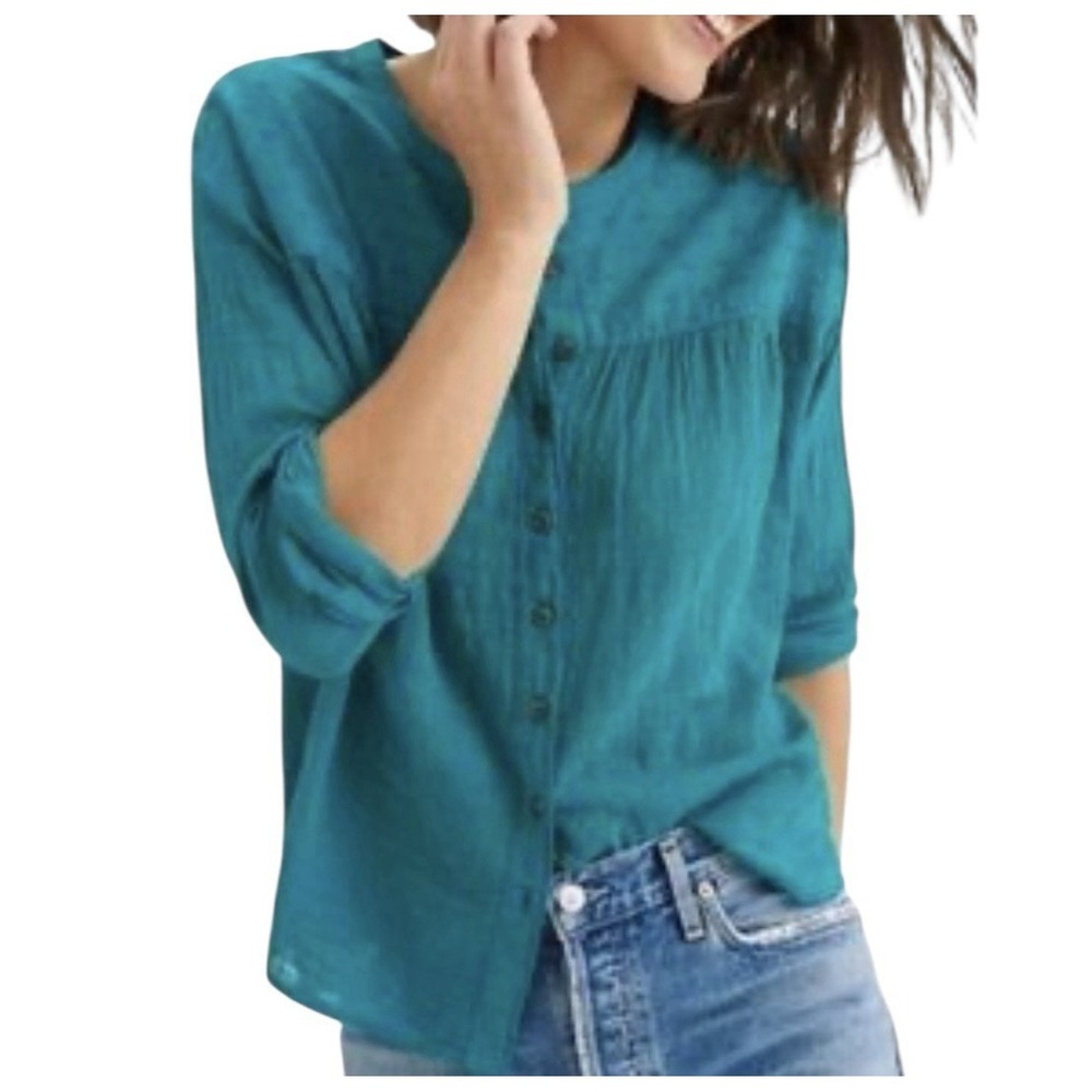 Pilcro Anthropologie Top Women's Small Teal Blue Peasant Boho Button Up Relaxed